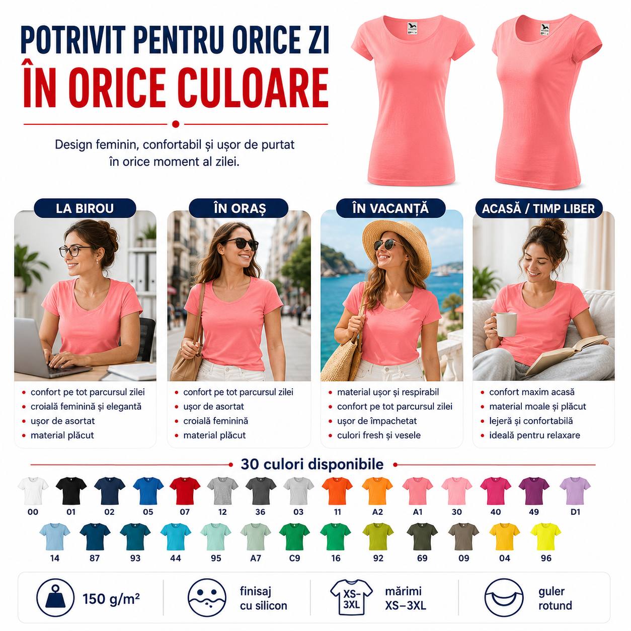 Tricou damă simplu potrivit pentru birou, oraș, vacanță, acasă și timp liber